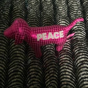 VS Pink, Shiny, Hot Pink, Polka Dotted Pup, W/Peace written on 1 Side in Wht